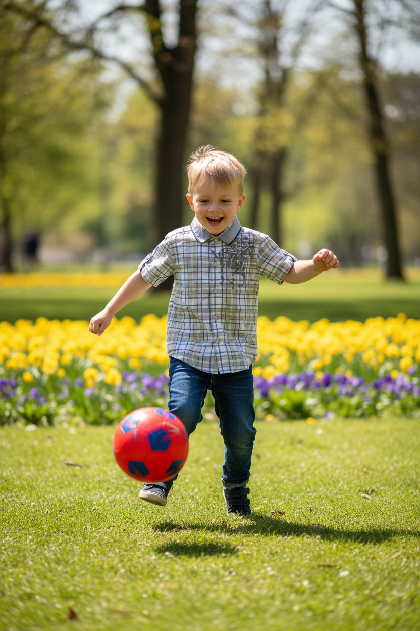 Boy 3-4 years playing with ball in plaid shirt