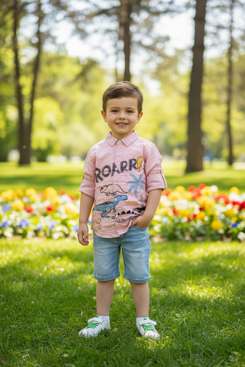 Boy 3-4 years standing in pink dinosaur shirt