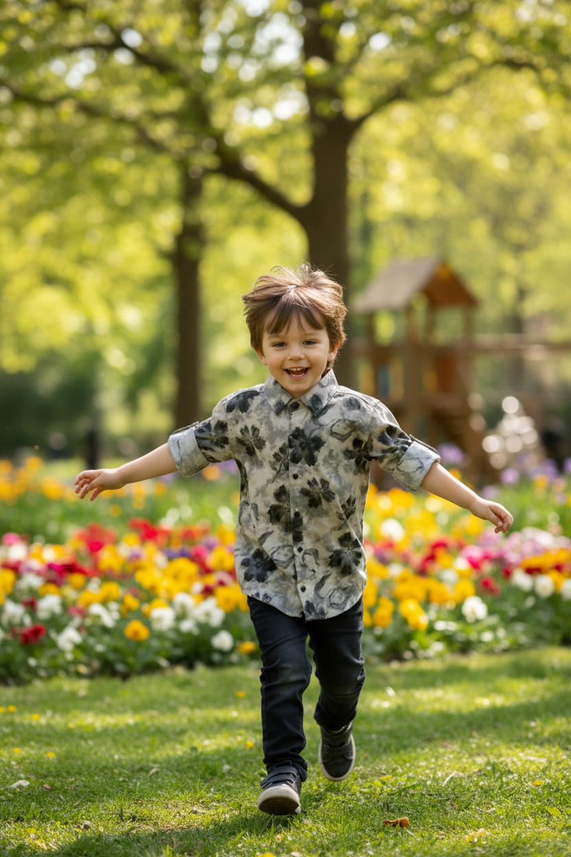 Boy 4-5 years in grey watercolor floral shirt