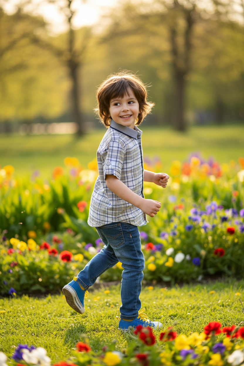 Boy 4-5 years in plaid shirt playing