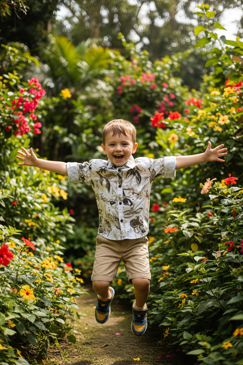 Boy 4-5 years in tropical botanical shirt