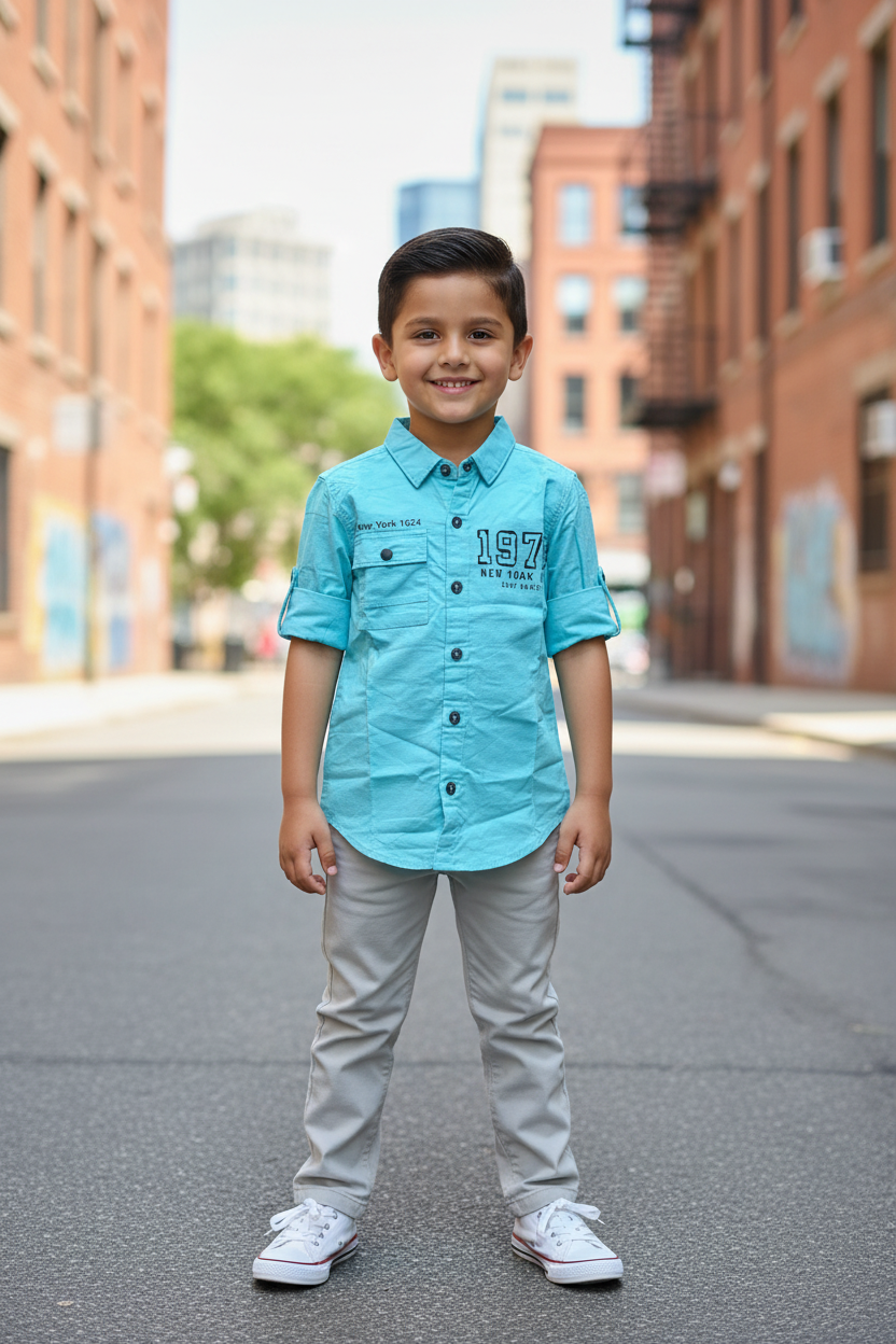 Boy 4-5 years in turquoise NYC shirt standing