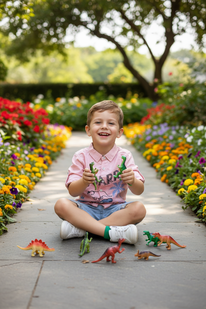 Boy 4-5 years playing with dinosaur toys