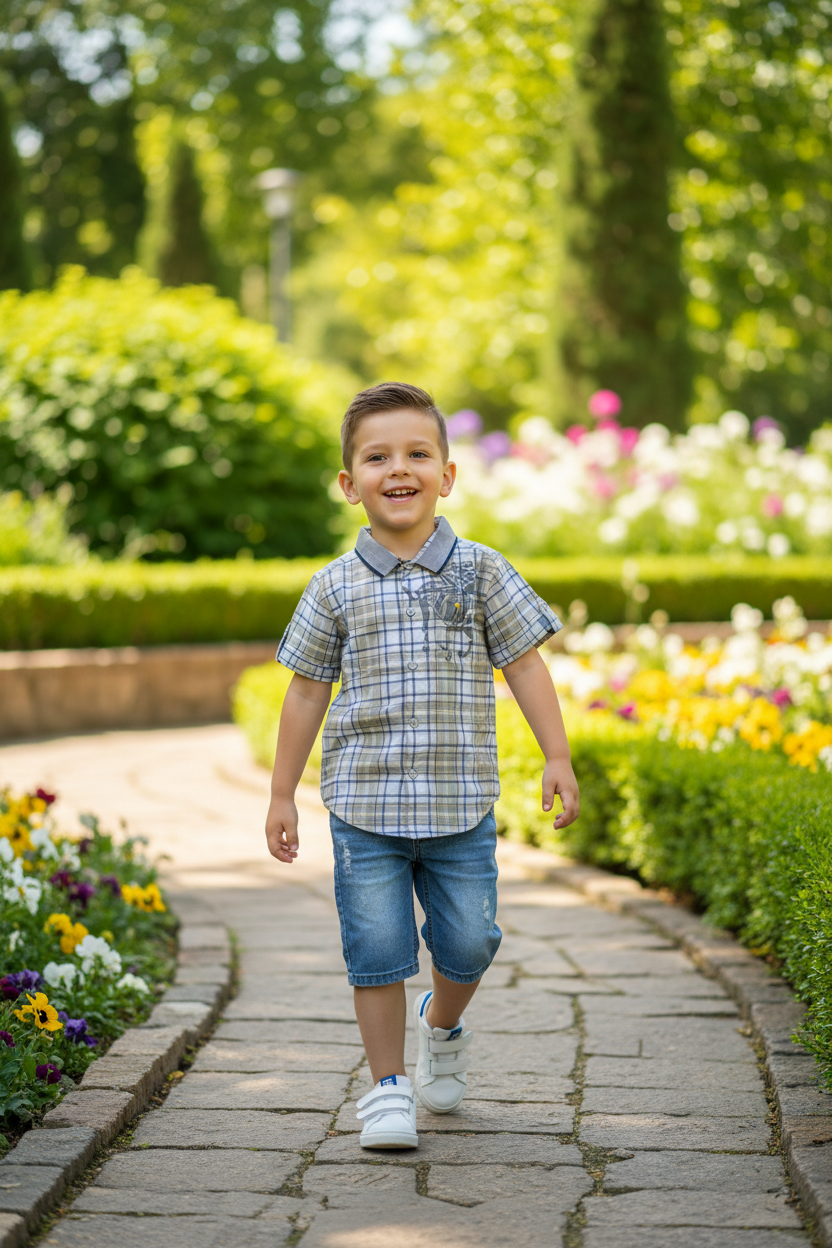 Boy 4-5 years walking in plaid shirt