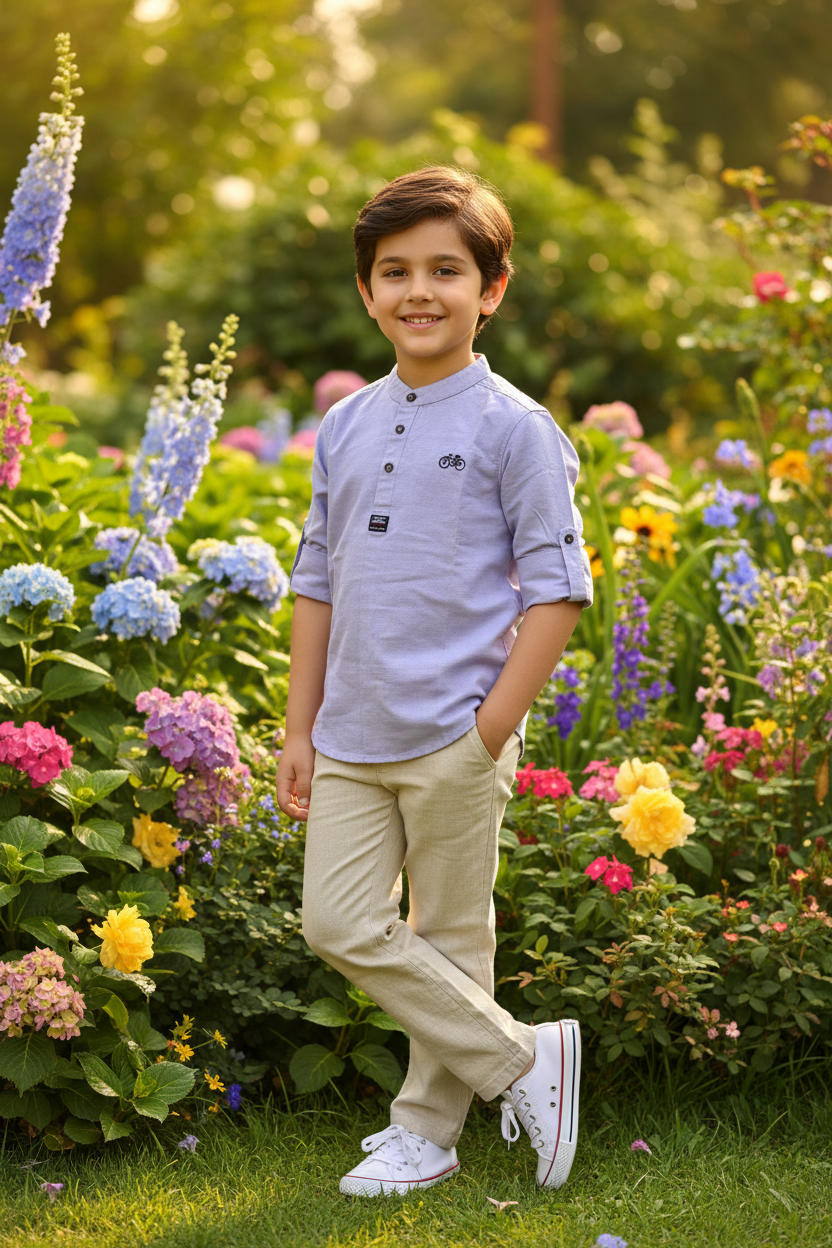 Boy 5-6 years in garden wearing lavender Chinese collar shirt