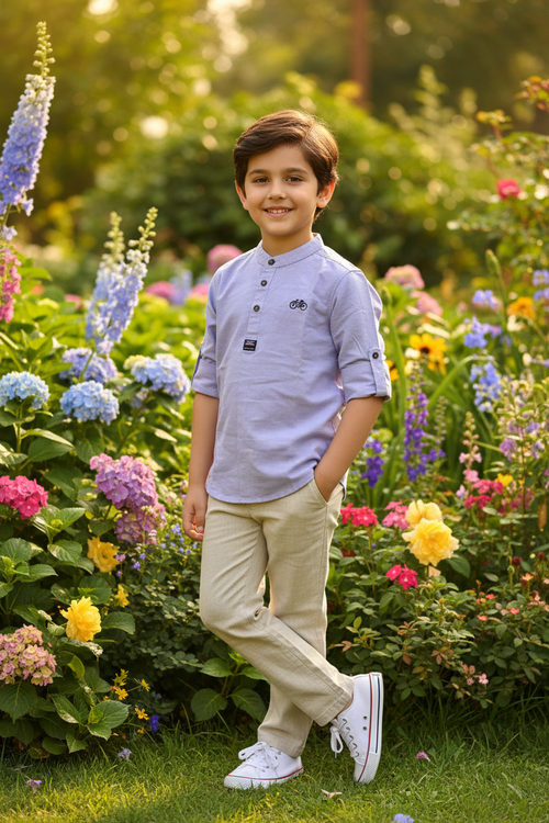 Boy 5-6 years in garden wearing lavender Chinese collar shirt