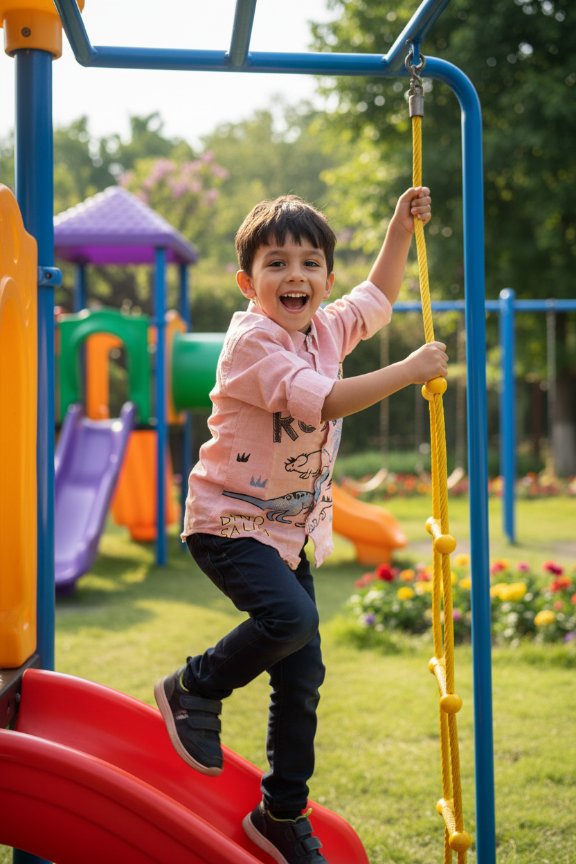 Boy 5-6 years playing at playground in pink shirt