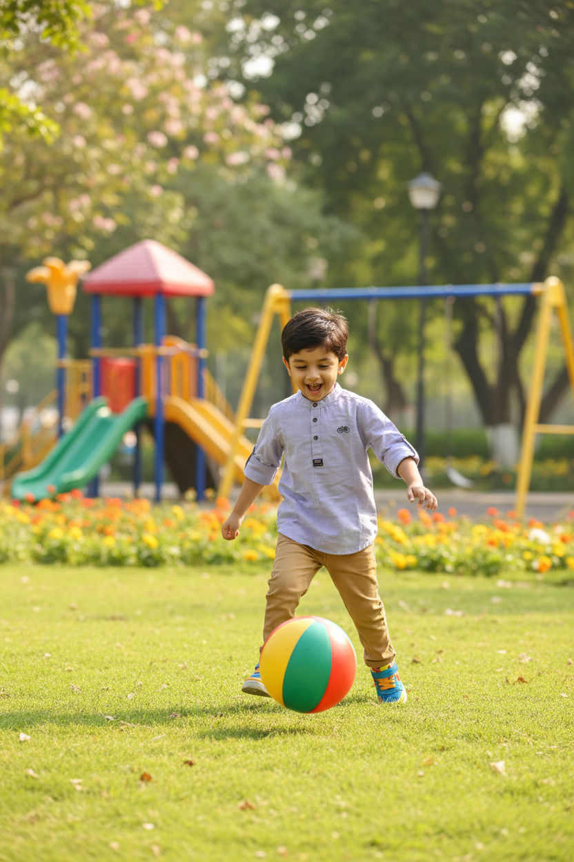 Boy 5-6 years playing with toy in lavender shirt