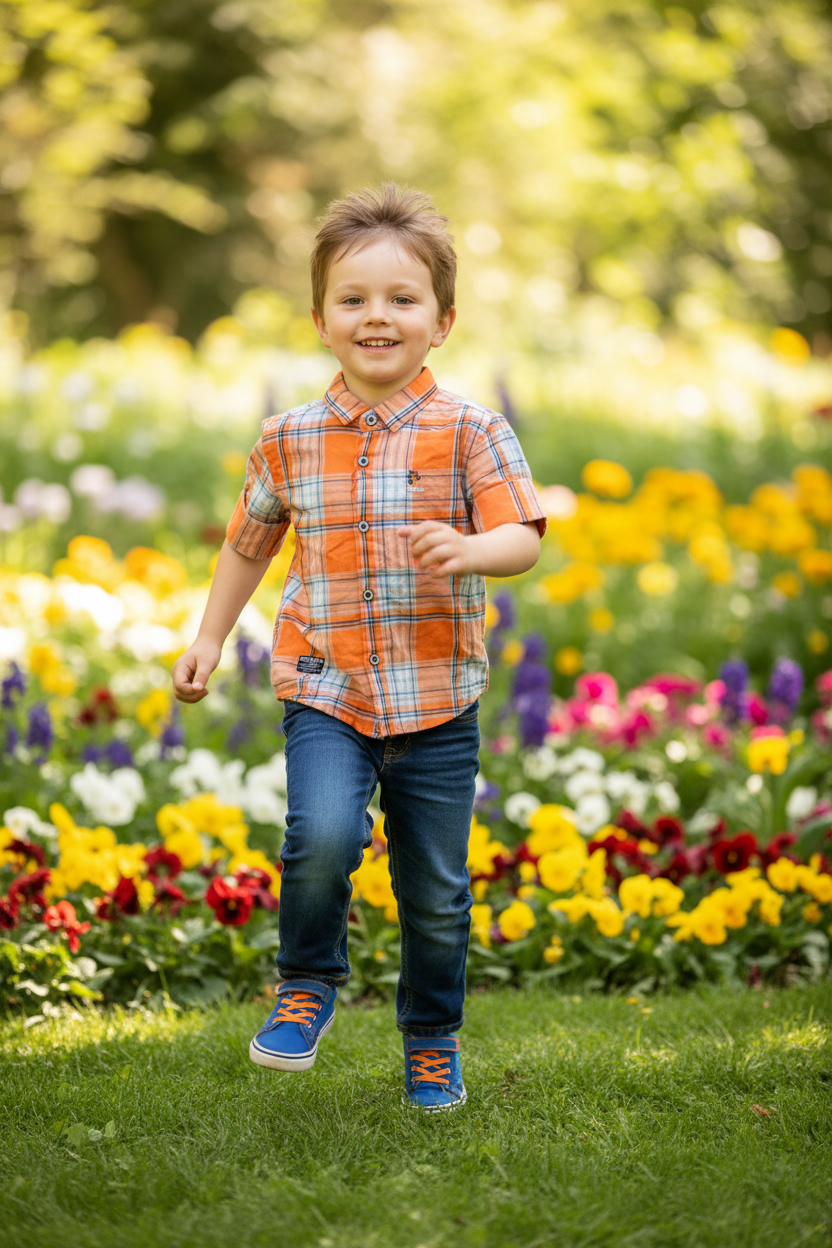 Boy 5-6 years running in orange plaid shirt