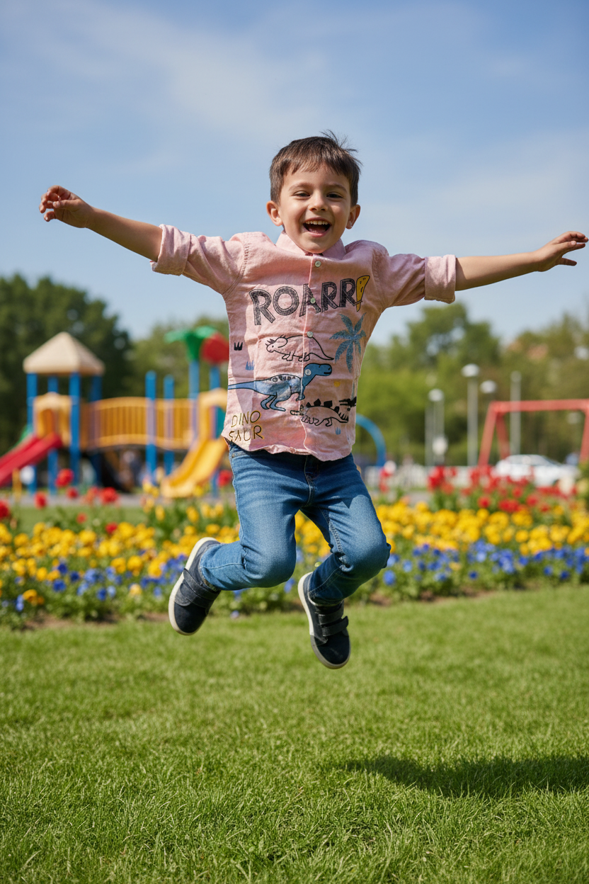 Boy 5-6 years running in pink ROARR shirt