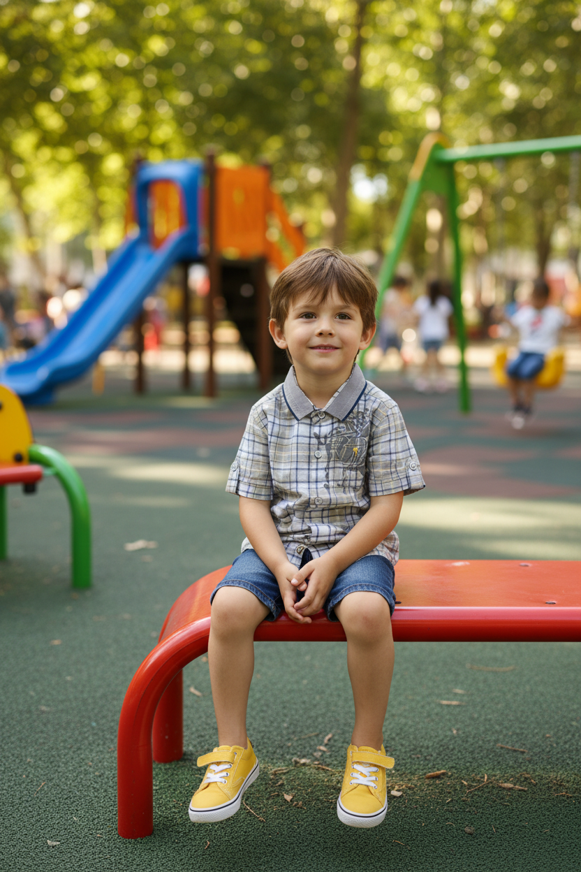 Boy 5-6 years sitting on playground in plaid shirt