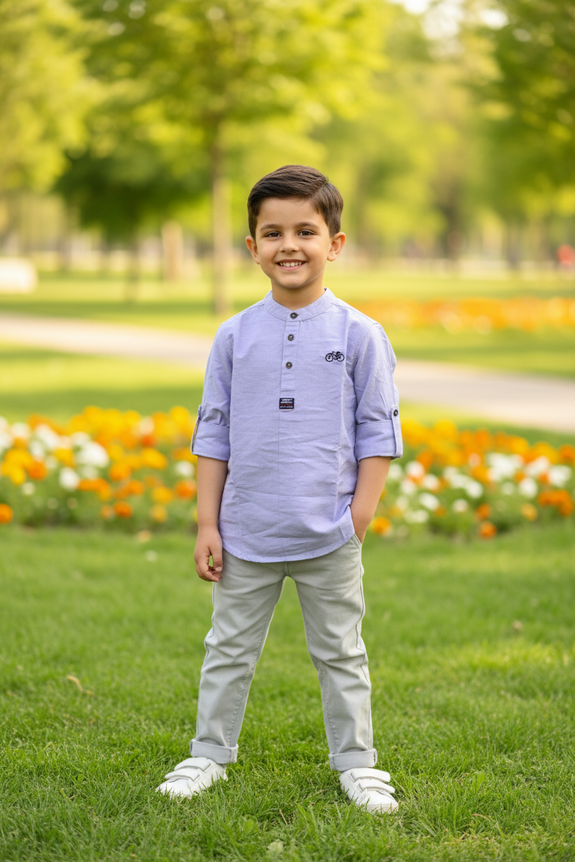 Boy 5-6 years standing in lavender Chinese collar shirt