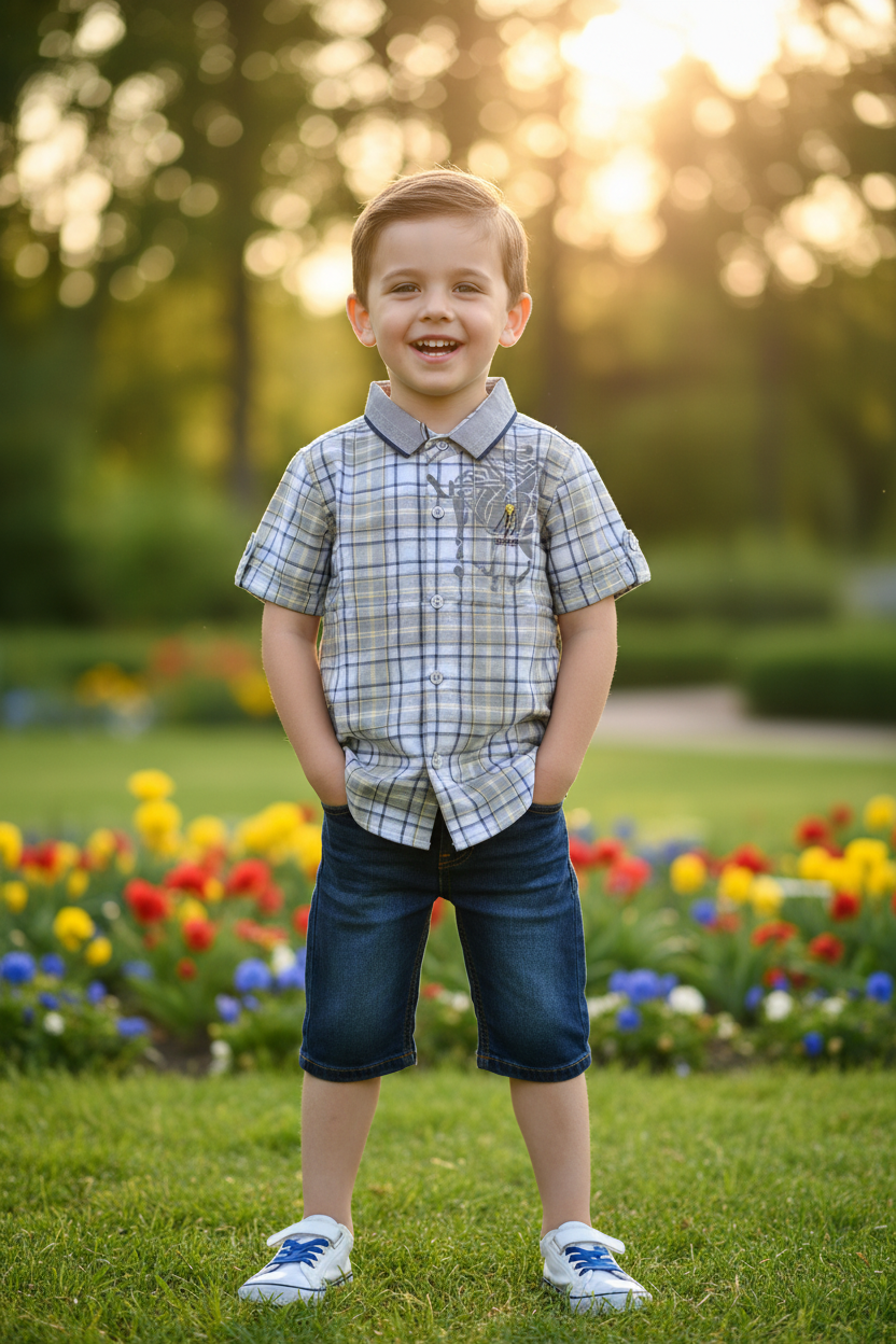 Boy 5-6 years standing in plaid shirt