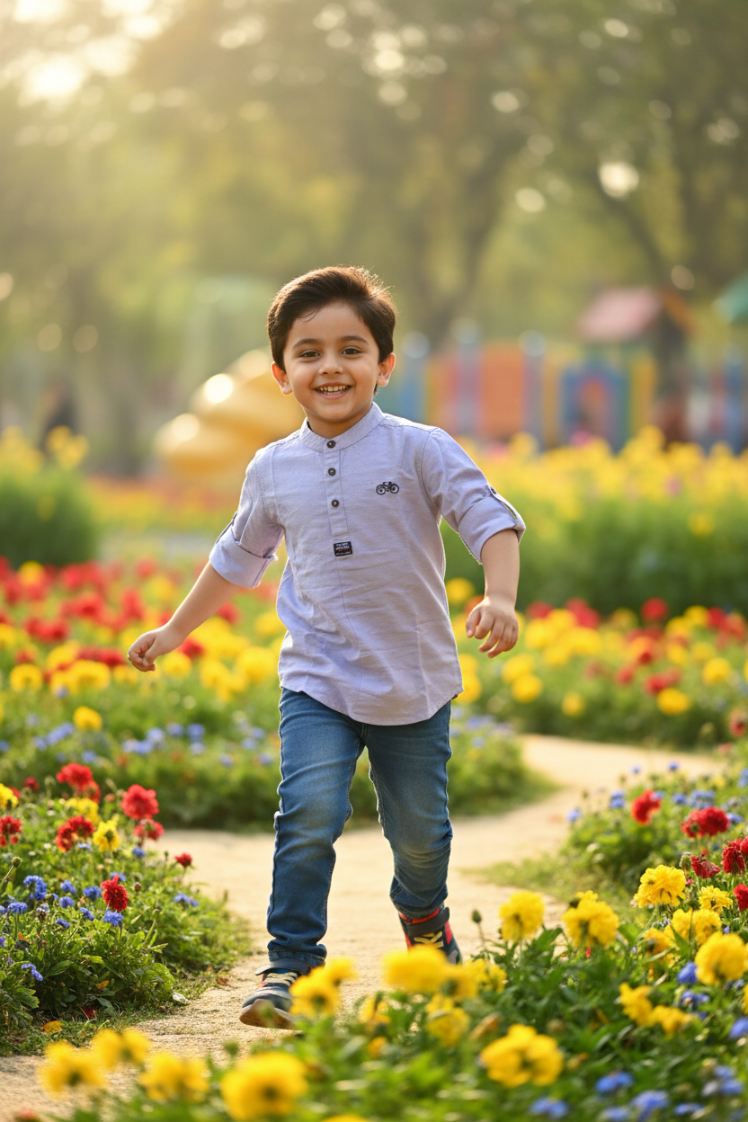 Boy 5-6 years walking in lavender mandarin collar shirt