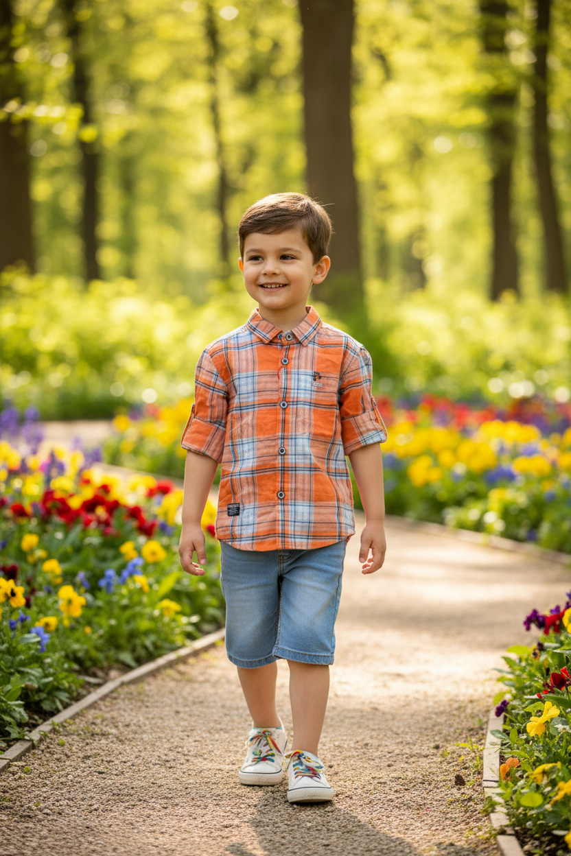 Boy 5-6 years walking in orange plaid shirt