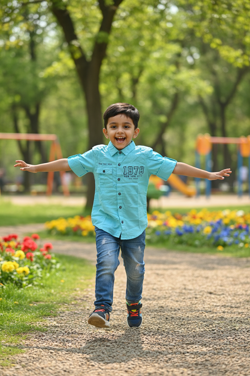 Boy 5-6 years walking in turquoise NYC shirt