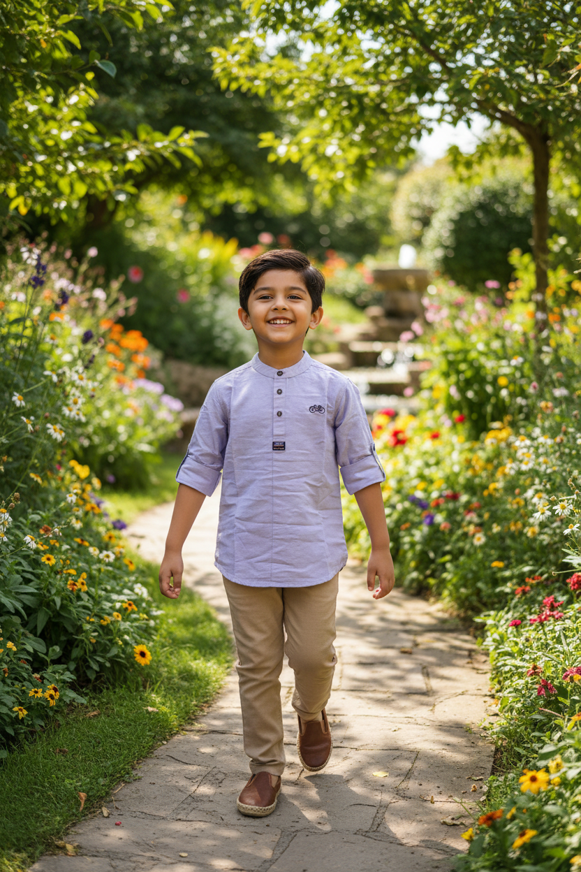 Boy 5-6 years walking on path in lavender Chinese collar shirt
