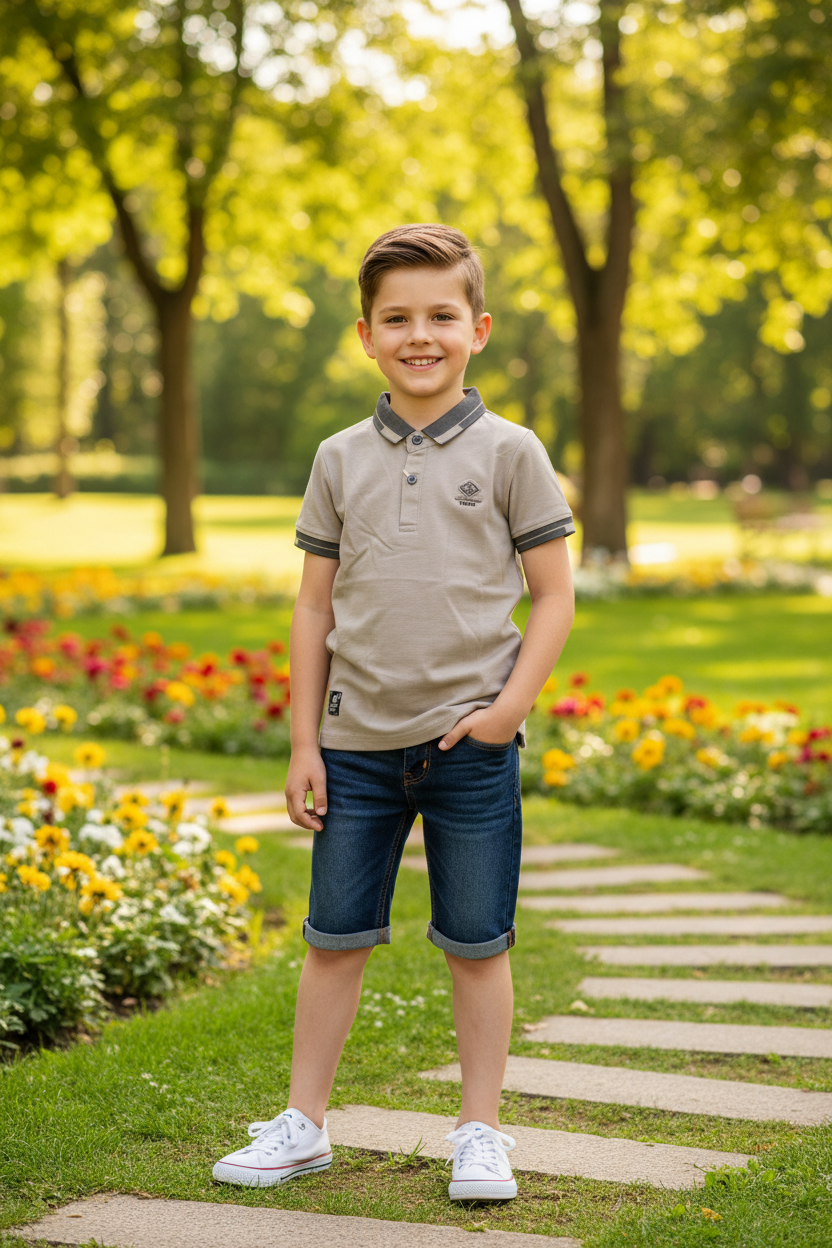 Boy 6-7 years in light brown polo shirt