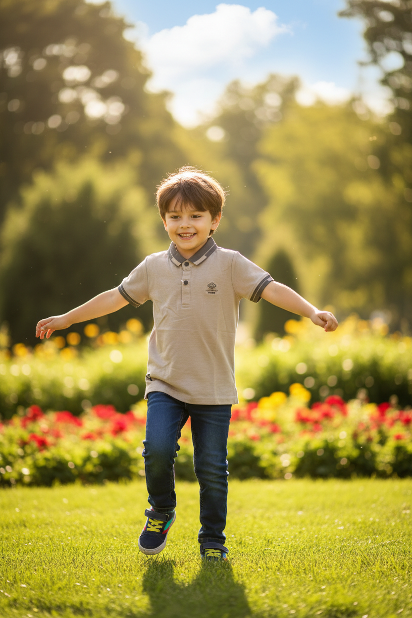 Boy 7-8 years in light brown polo shirt walking