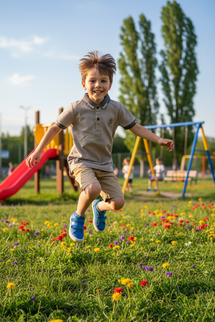 Boy 7-8 years playing in light brown polo shirt
