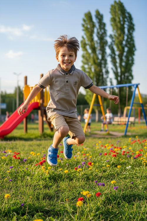 Boy 7-8 years playing in light brown polo shirt
