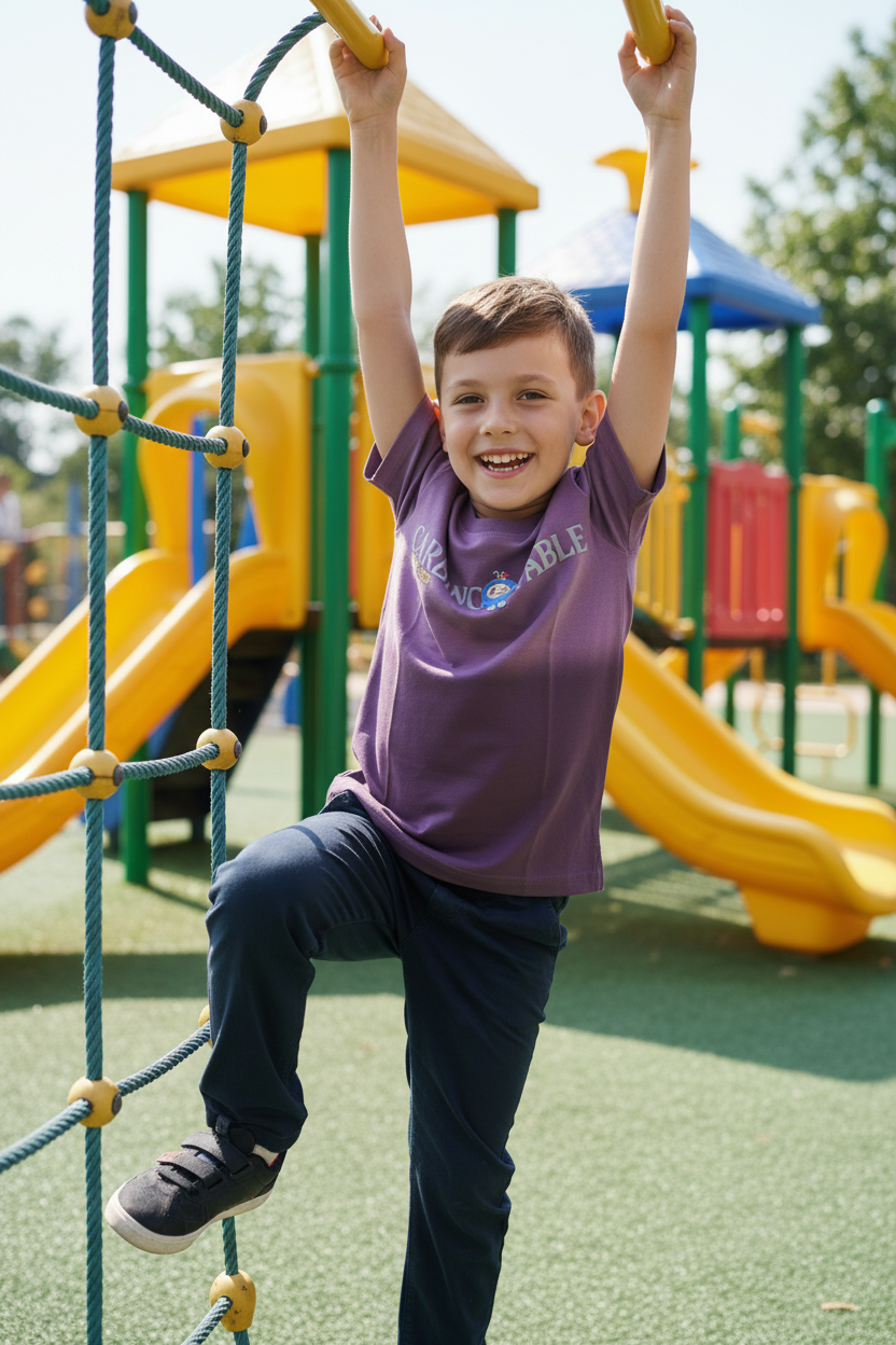 Boy 8-9 years on playground in purple gradient t-shirt