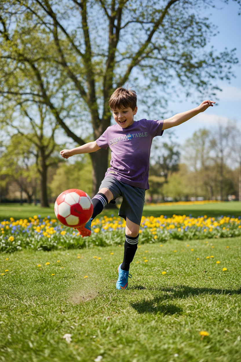 Boy 8-9 years playing soccer in purple gradient t-shirt