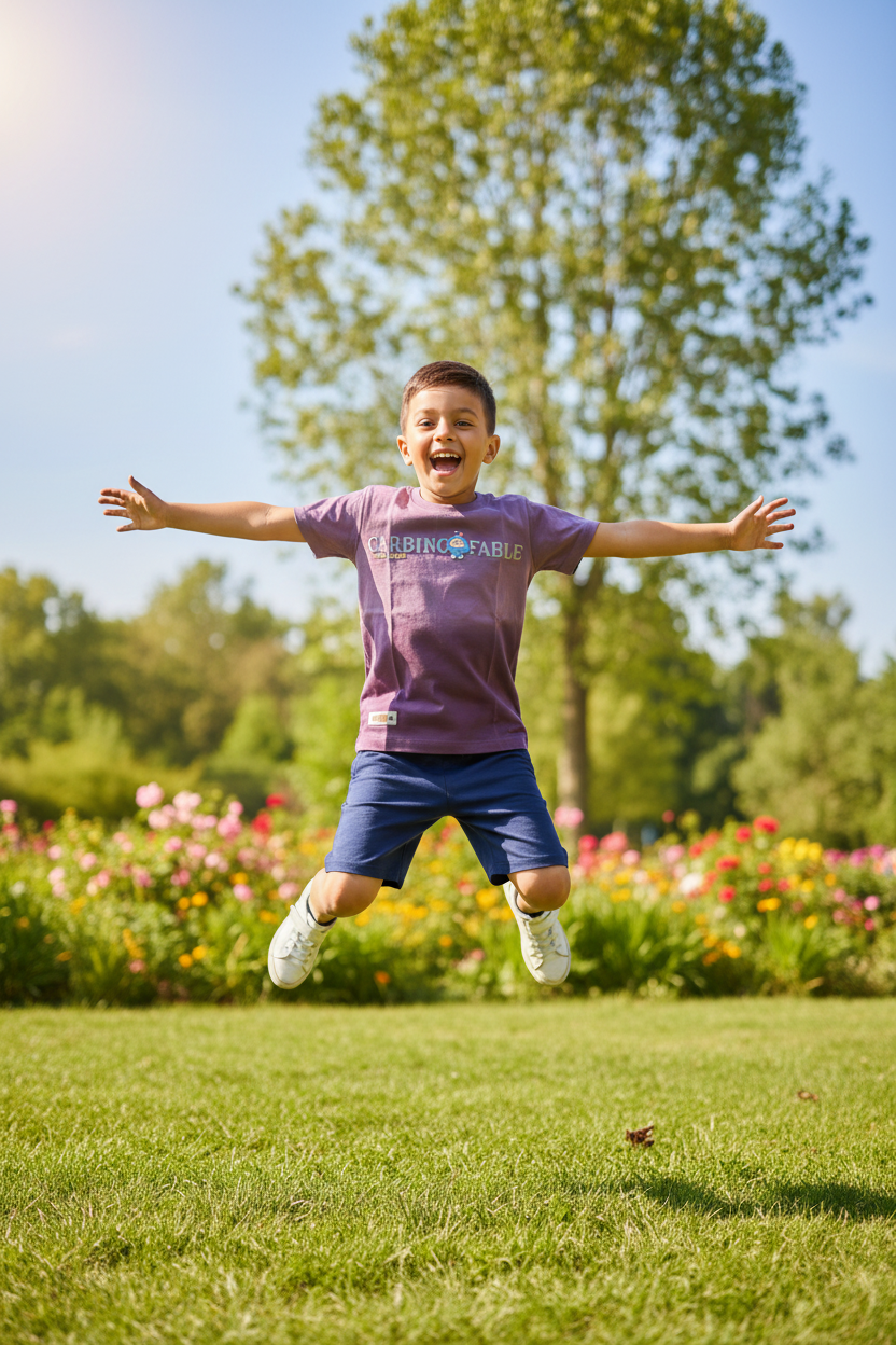 Boy 8-9 years running in purple gradient t-shirt