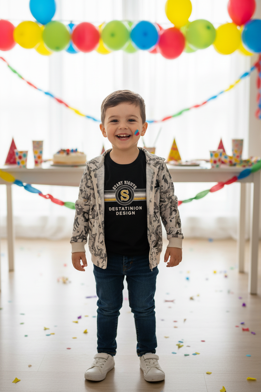 Boy at birthday party - jacket with Scary Nights t-shirt
