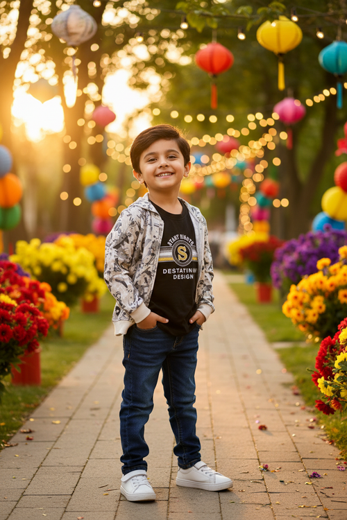 Boy at celebration - jacket with Scary Nights t-shirt