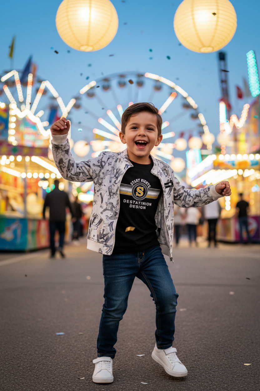 Boy at fun fair - jacket with Scary Nights t-shirt
