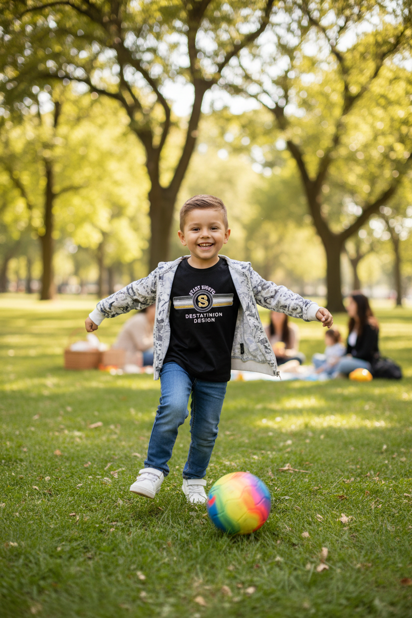 Boy at outdoor gathering - jacket with Scary Nights t-shirt