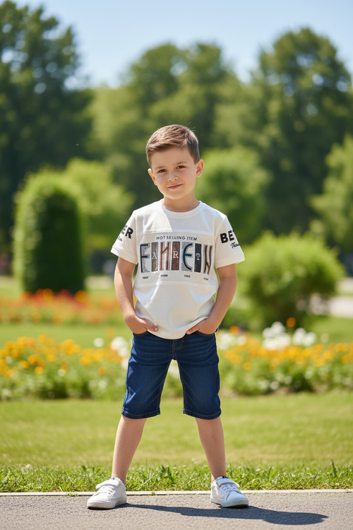 Boy at park wearing EMCEIN graphic t-shirt