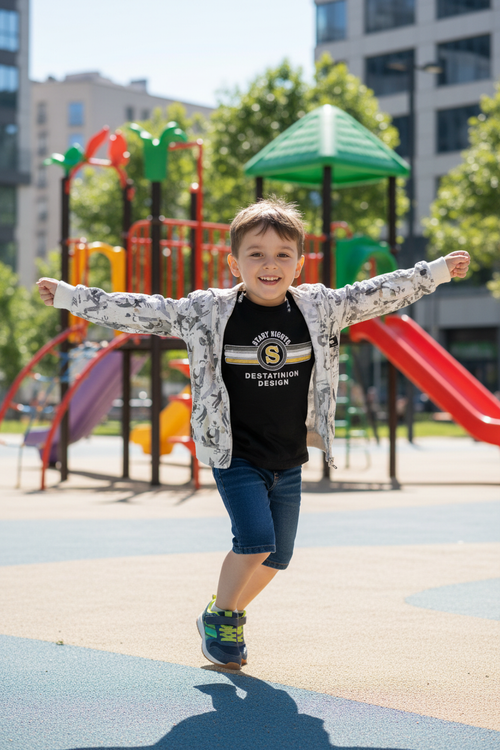 Boy at playground - jacket with Scary Nights t-shirt