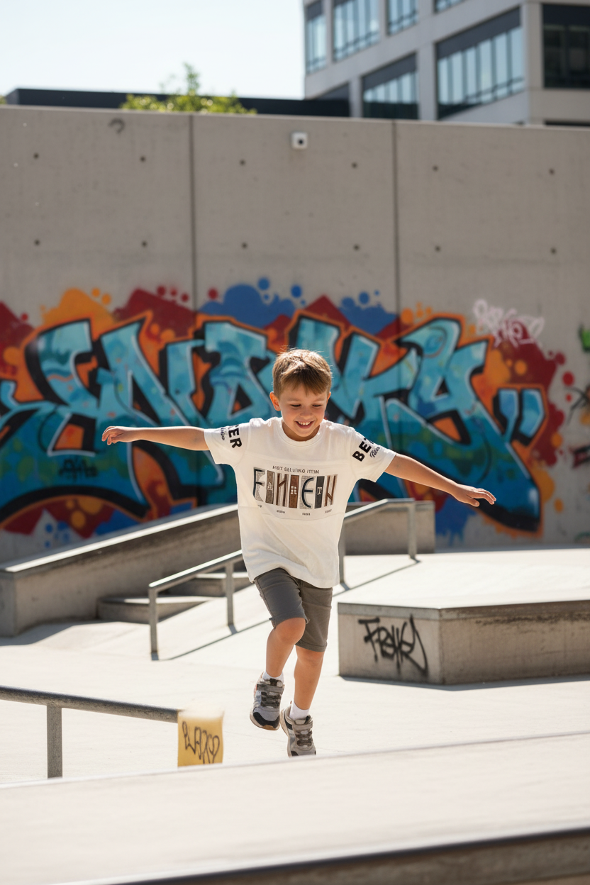 Boy at urban playground wearing EMCEIN t-shirt