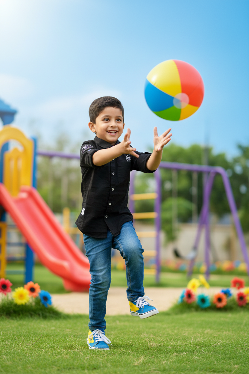 Boy in black C43 shirt with blue denim jeans