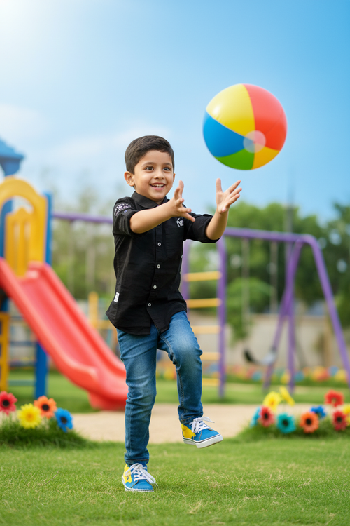 Boy in black C43 shirt with blue denim jeans