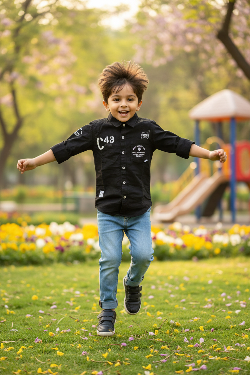 Boy in black C43 shirt with light blue jeans