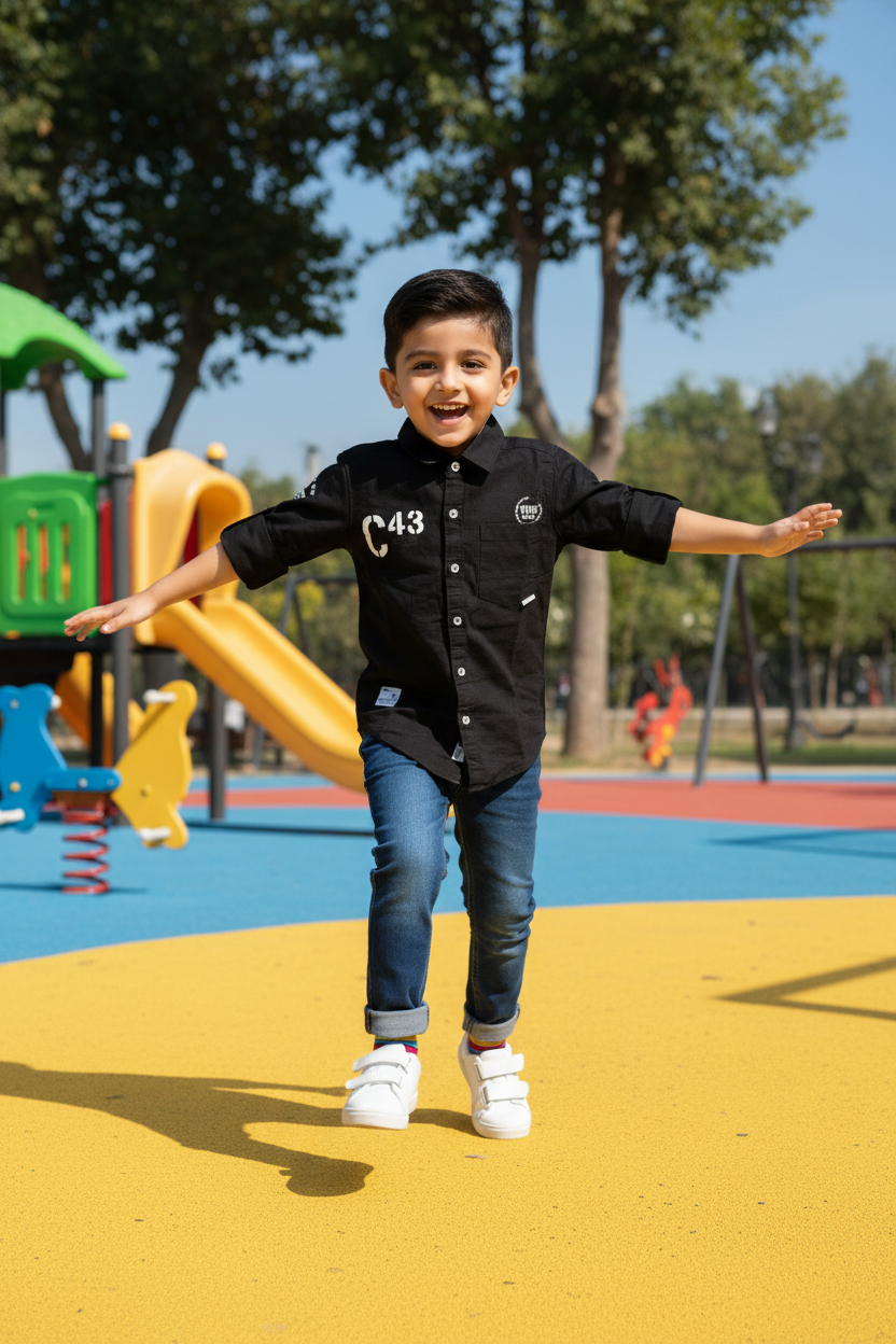 Boy in black C43 shirt with navy blue jeans