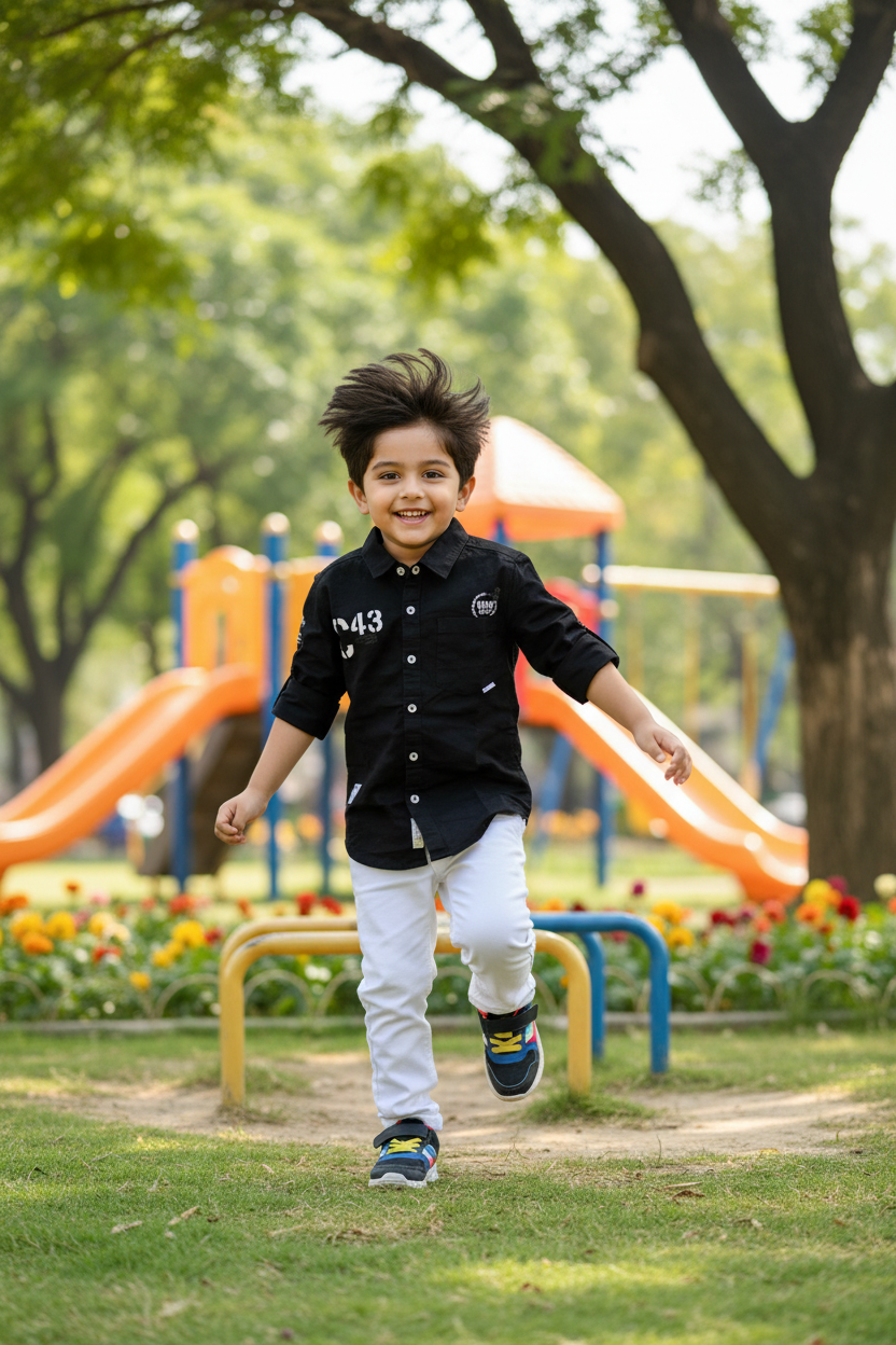 Boy in black C43 shirt with white jeans