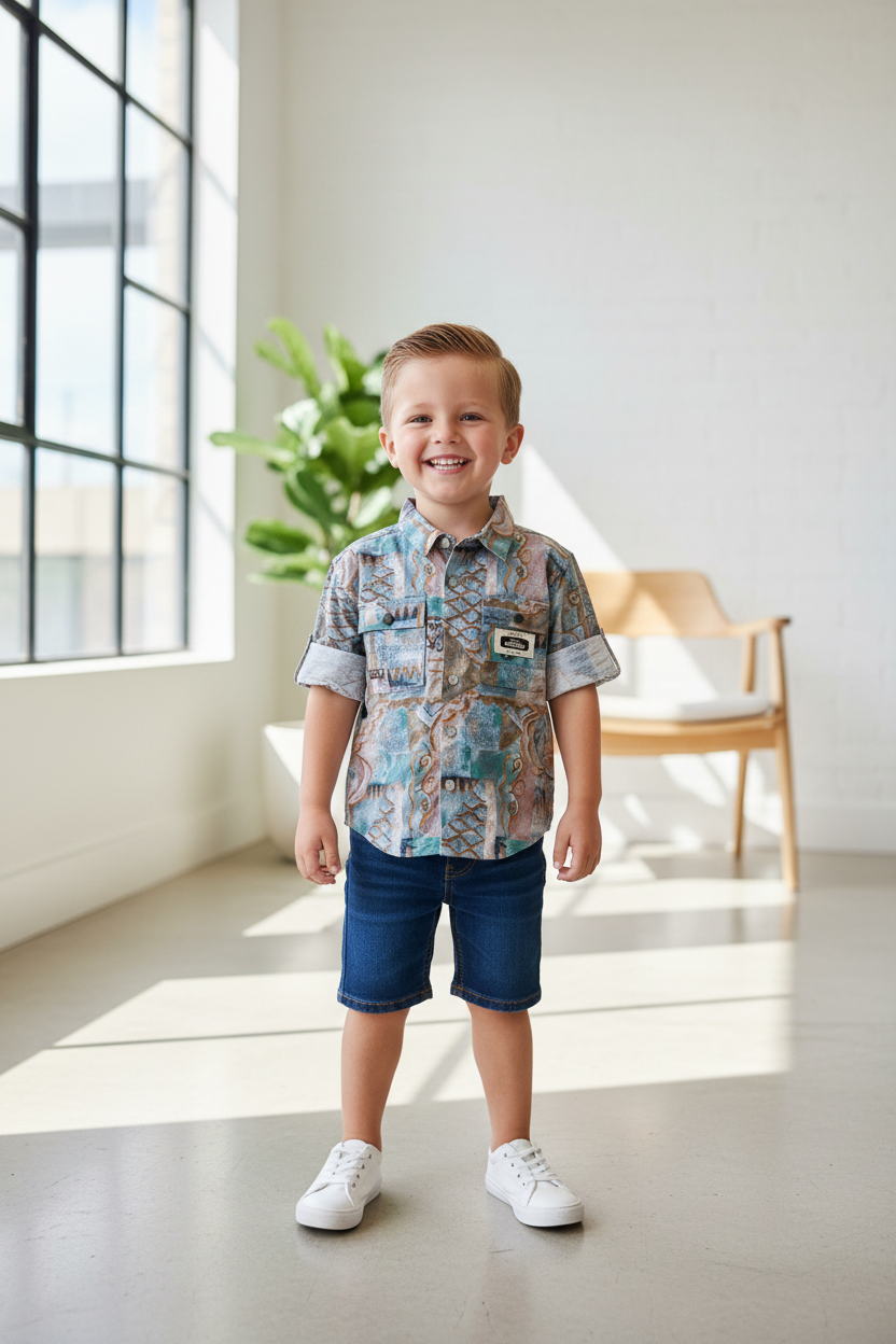 Boy in printed shirt - indoor