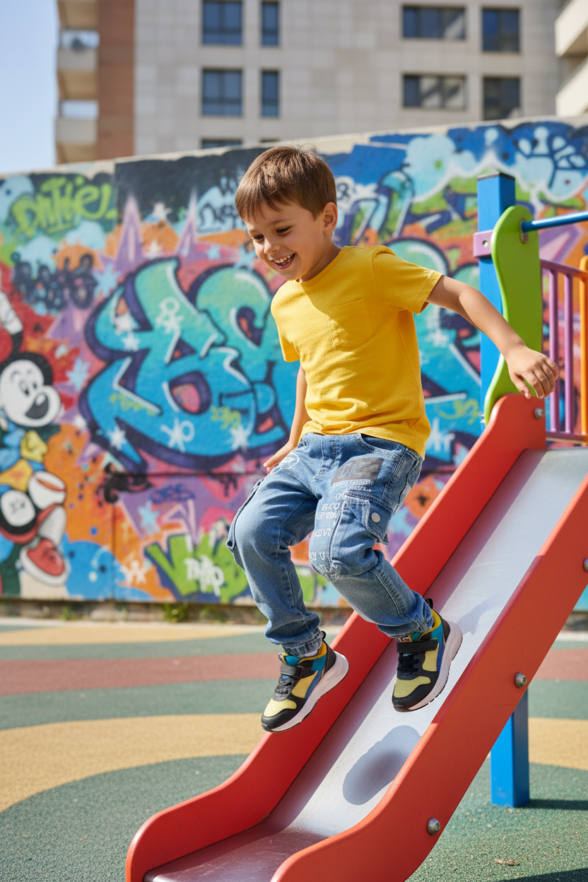 Boy in urban playground wearing graphic cargo jeans
