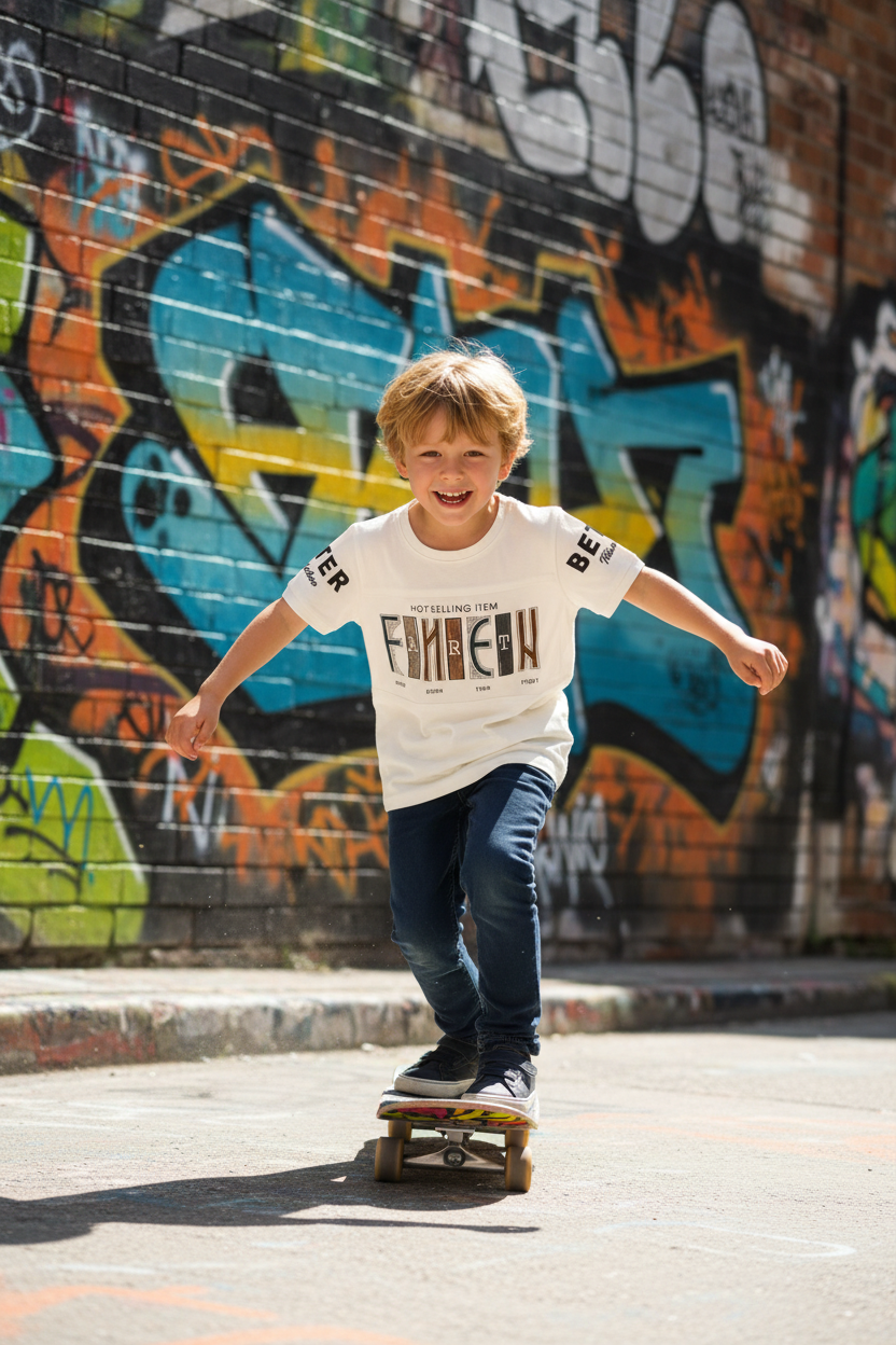 Boy on scooter wearing EMCEIN t-shirt