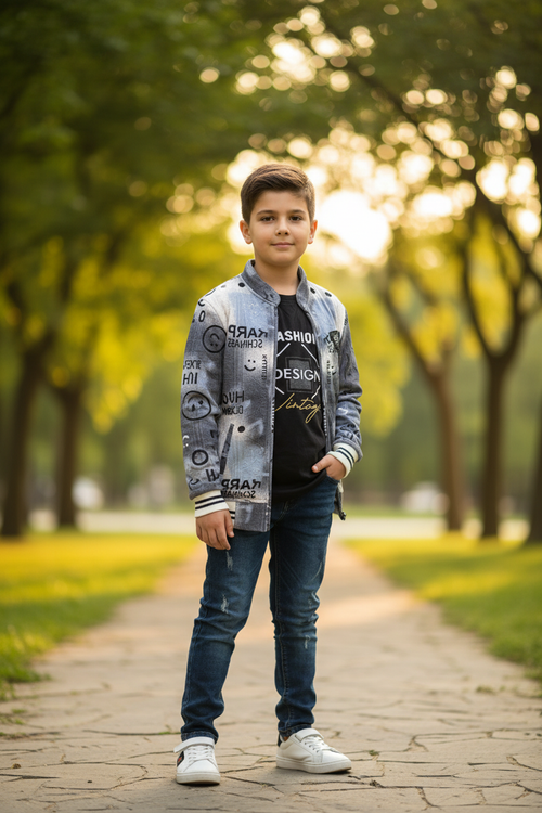 Boy wearing bomber jacket and t-shirt - park setting
