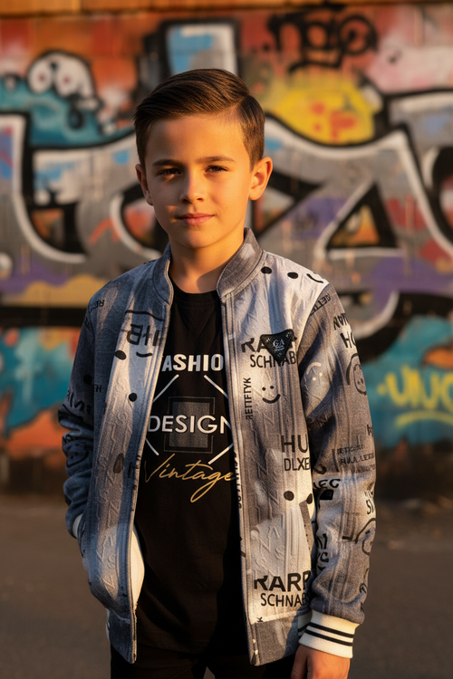 Boy wearing bomber jacket and t-shirt - street style