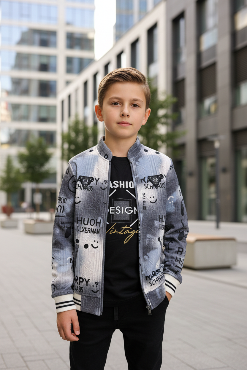Boy wearing bomber jacket and t-shirt - urban setting