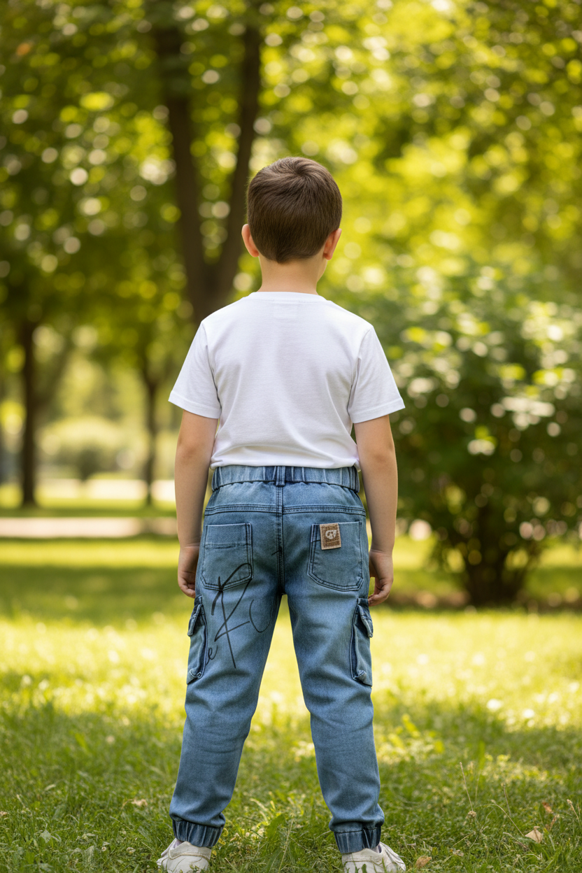Boy wearing cargo pants - back view park setting