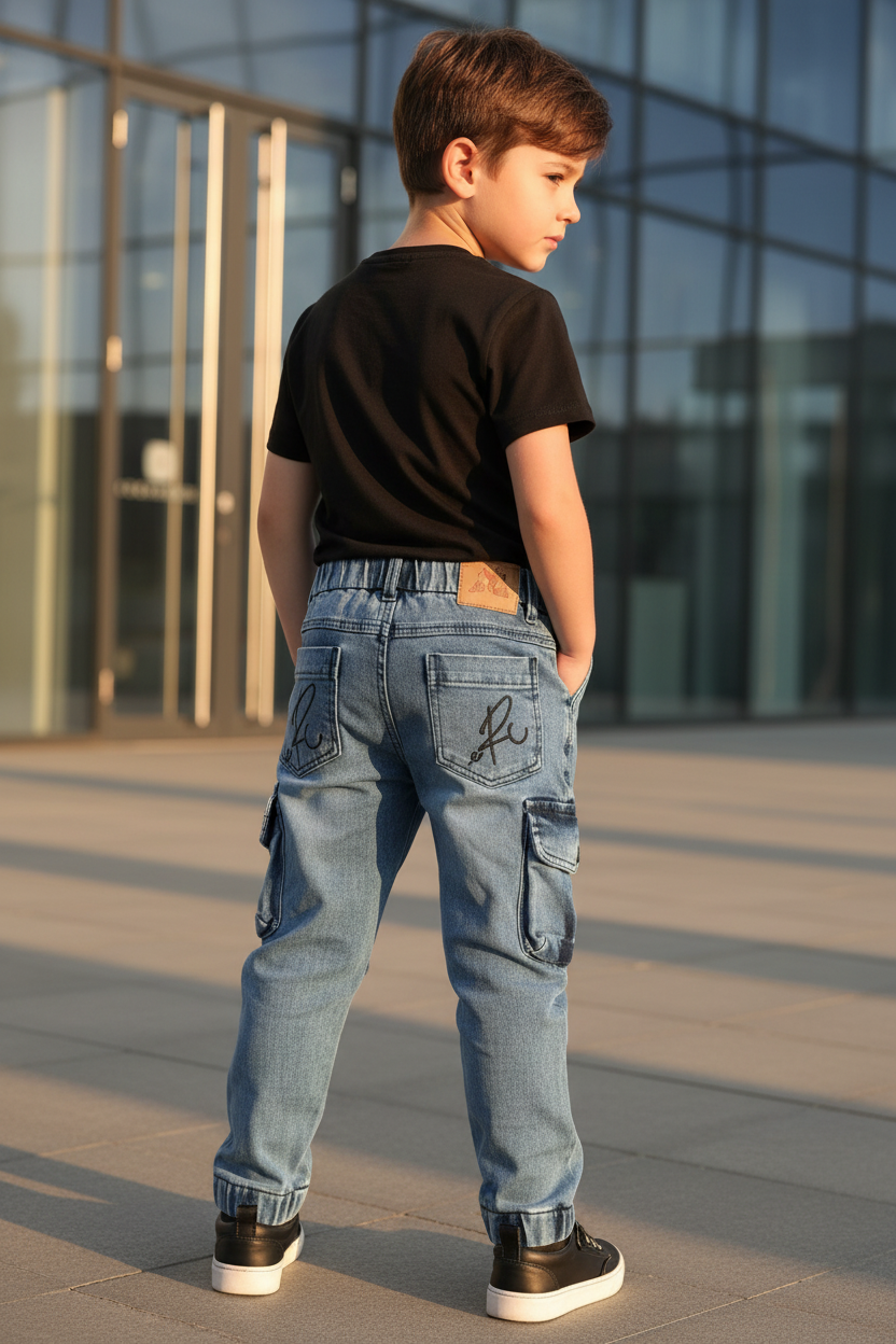 Boy wearing cargo pants - back view urban setting