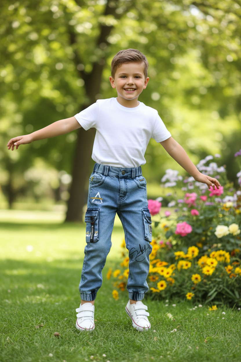 Boy wearing denim cargo pants - park setting