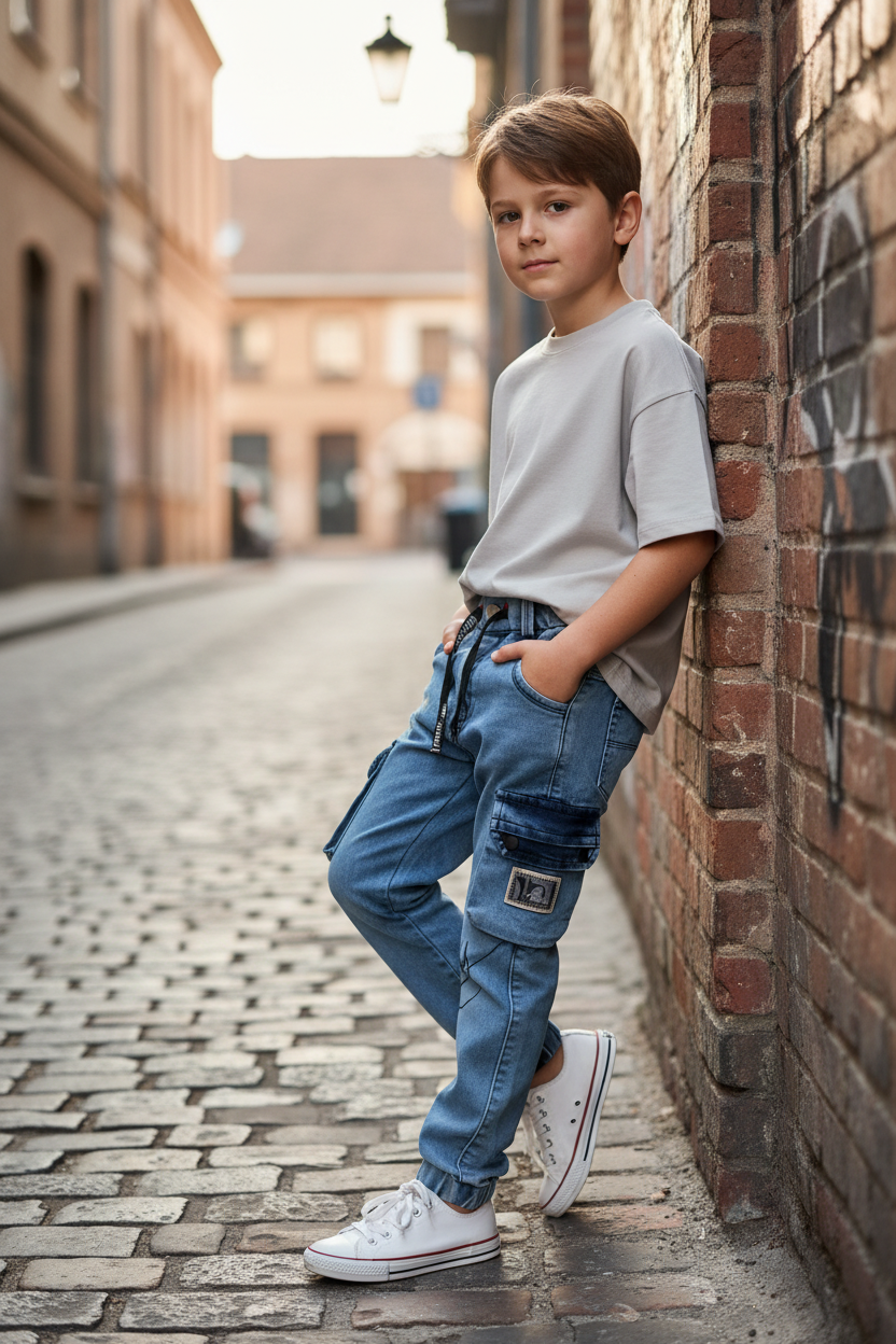 Boy wearing denim cargo pants - street style